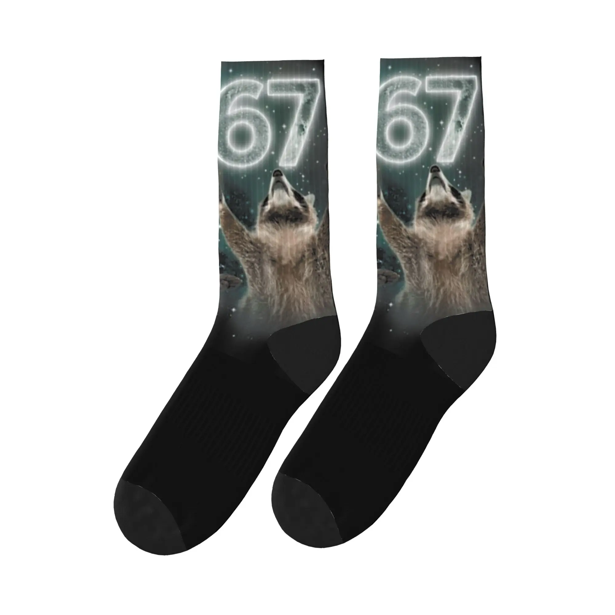 67 Meme Racoon Howling at The Moon 6 7 Halloween Stockings Men Socks Quality Korean Socks Autumn Outdoor Sports Non Slip  Socks