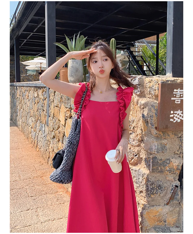 

Dragon Fruit Color Long Dress With Straps Vest Skirt For Women's Summer 2024 French Square Neck Slimming Wooden Ear Edge Dress