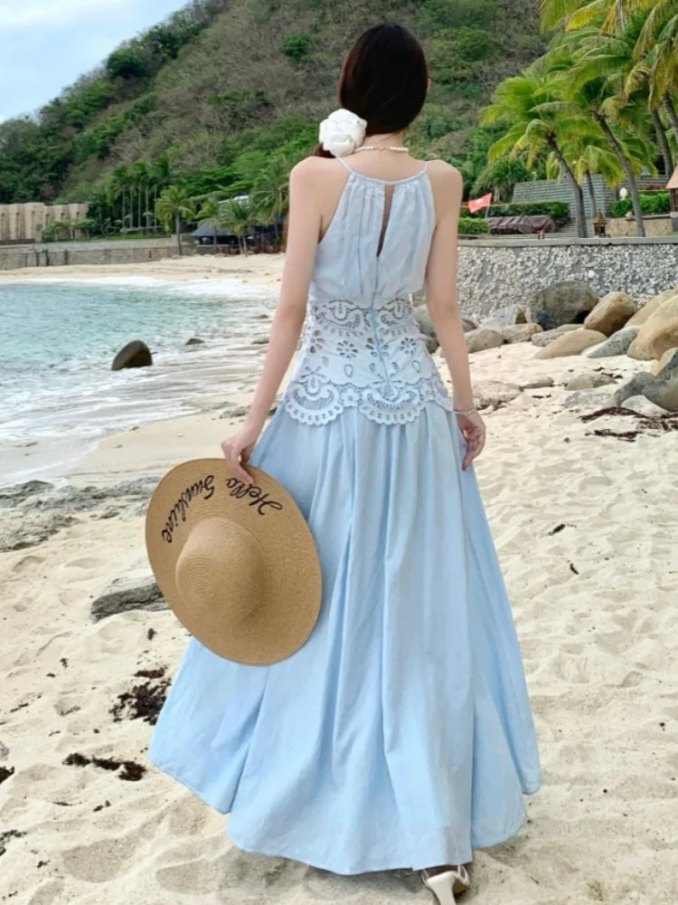 SMTHMA Vintage Embroidery Hollow Out High Waist Pleated Dress Women Sexy Sleeveless Long Dresses Summer Sexy Holidays Party Robe