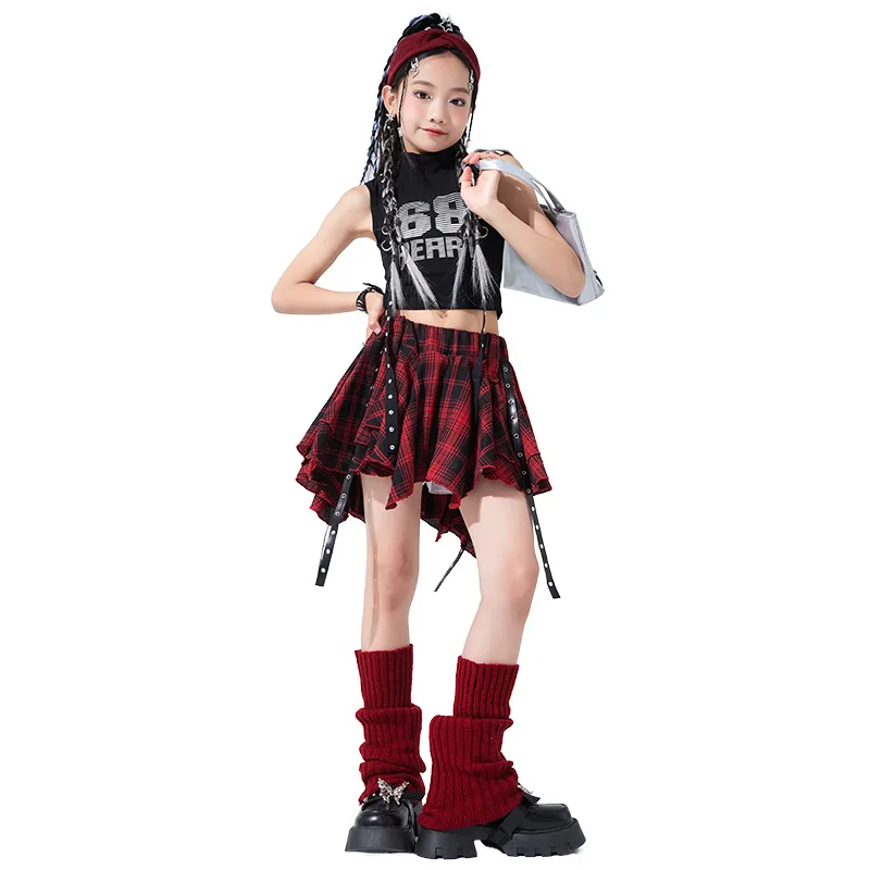 Hip Hop Girls Crop Top Plaid Street Dance Skirt Kids Ribbon Pleated Skirts Teens Jazz Cool Costumes Child Streetwear Clothes Set