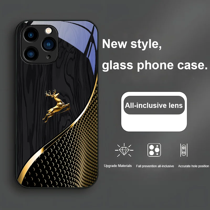 Elegant wood grain golden deer for Iphone 15 14 13 12 Mini 11 Pro Max X XS XR 7 8 Plus 2020 22 SE tempered glass phone case