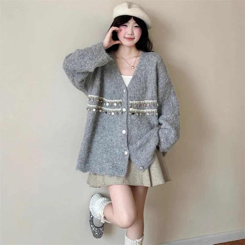 고급 니트 스웨터 가디건 여성용 초가을 2025 신상 비볼링 V넥 롱 슬리브 레귤러 얇은 아우터웨어