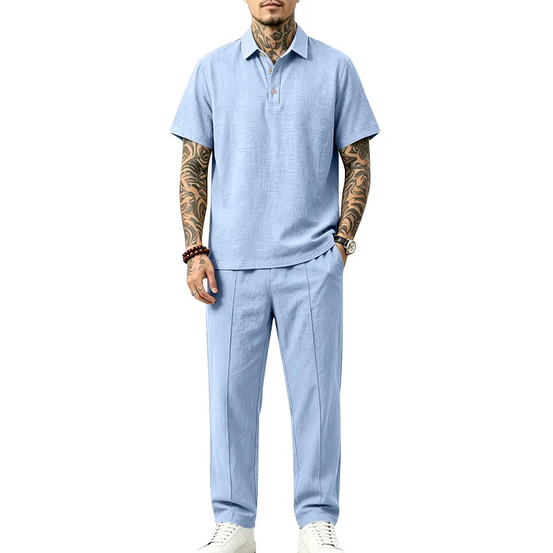 Ensemble pantalon et polo homme été, style décontracté, tissu lin, col à revers, tendance, coupe ample, style européen et américain.