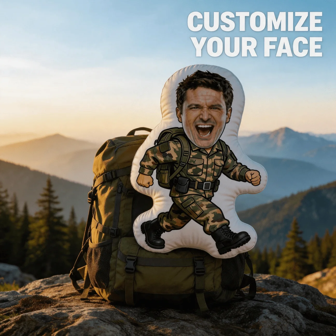 Custom Face Funny Soldier Shaped Pillow, Personalized Photo Camouflage Uniform Decorative Cushion, Unique Home Decor Accent for