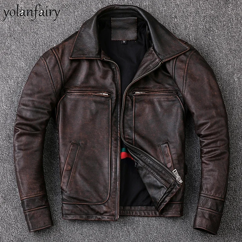 

2023 New Men Cowhide Coat Men's Genuine Leather Jacket Vintage Man Leather Clothes Motorcycle Biker Jackets Plus Size 6XL Veste