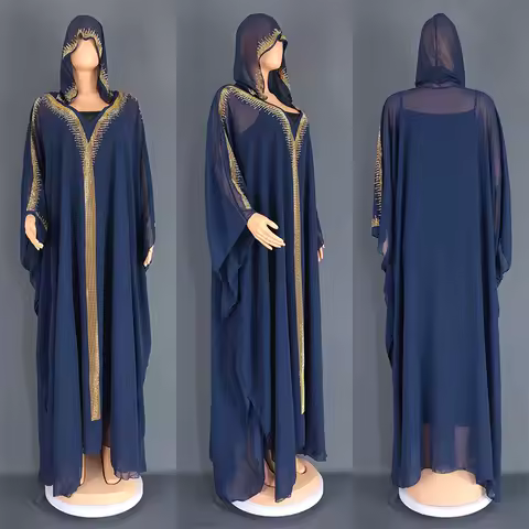 Open Abaya Chiffon Hot Dirll Dubai Hooded Maxi Dress Batwing Sleeves Loose Cardigan Party Evening Dress