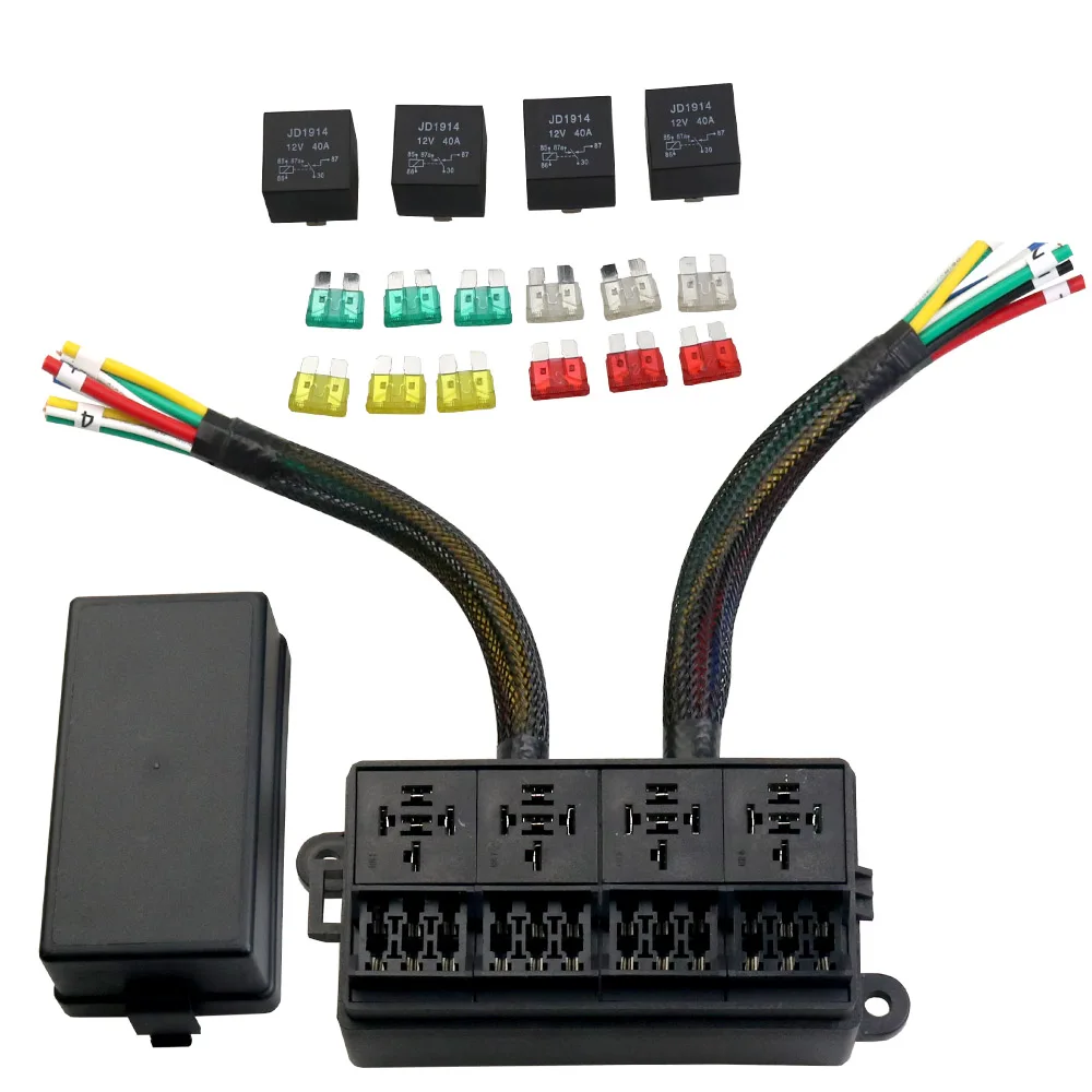 12V Fuse Relay Box Pre-Wired Fuse and Relay Box with 4 Relay 12 Way ATC/ATO Fuses Sealed 12V Relay Fuse Box for Car