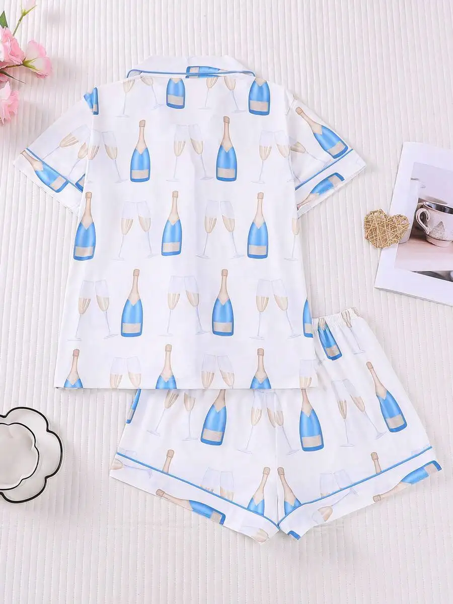

Womens 2-Piece Sleepwear Set With Beverage Print, Short Sleeve Button-Up Shirt And Elastic Waist Shorts