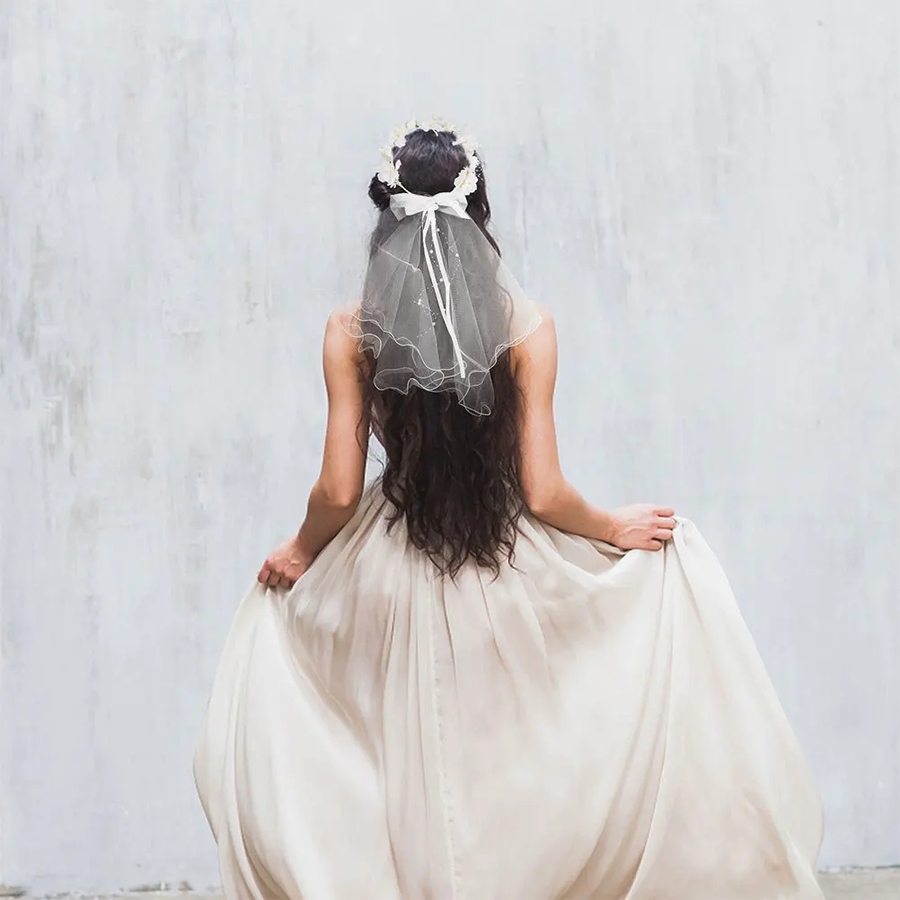 

2Pcs Bridal Veil Flower Crown Bow Knot Headband Wedding Hair Accessories Lightweight Mesh Elegant Look Bridal Flower Crown