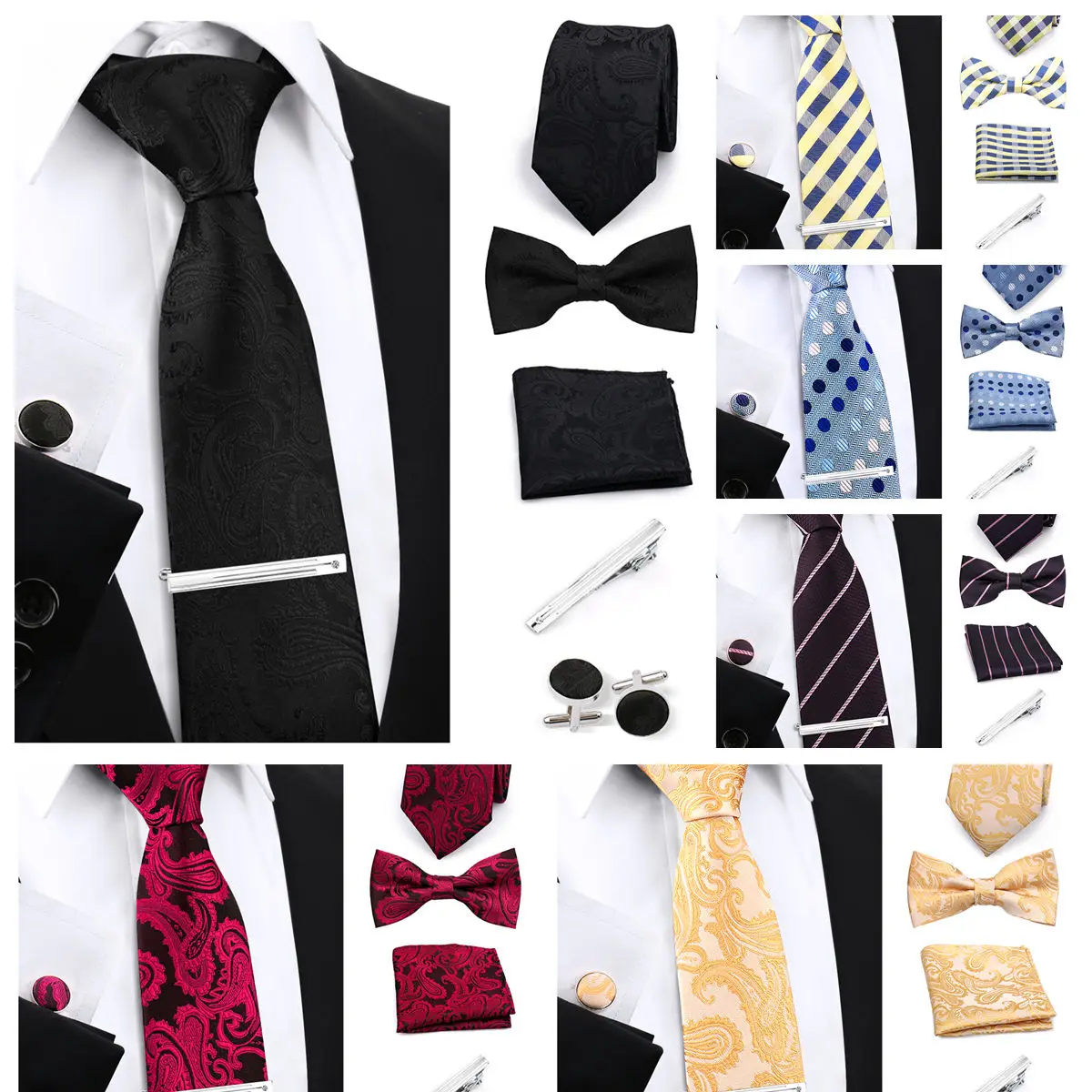 55 Men Tie Sets 5 Pcs Luxury Classic Stripe Pocket Square Bow Tie Cufflinks Tie Clip Paisley Floral Polka Dot Wedding Business