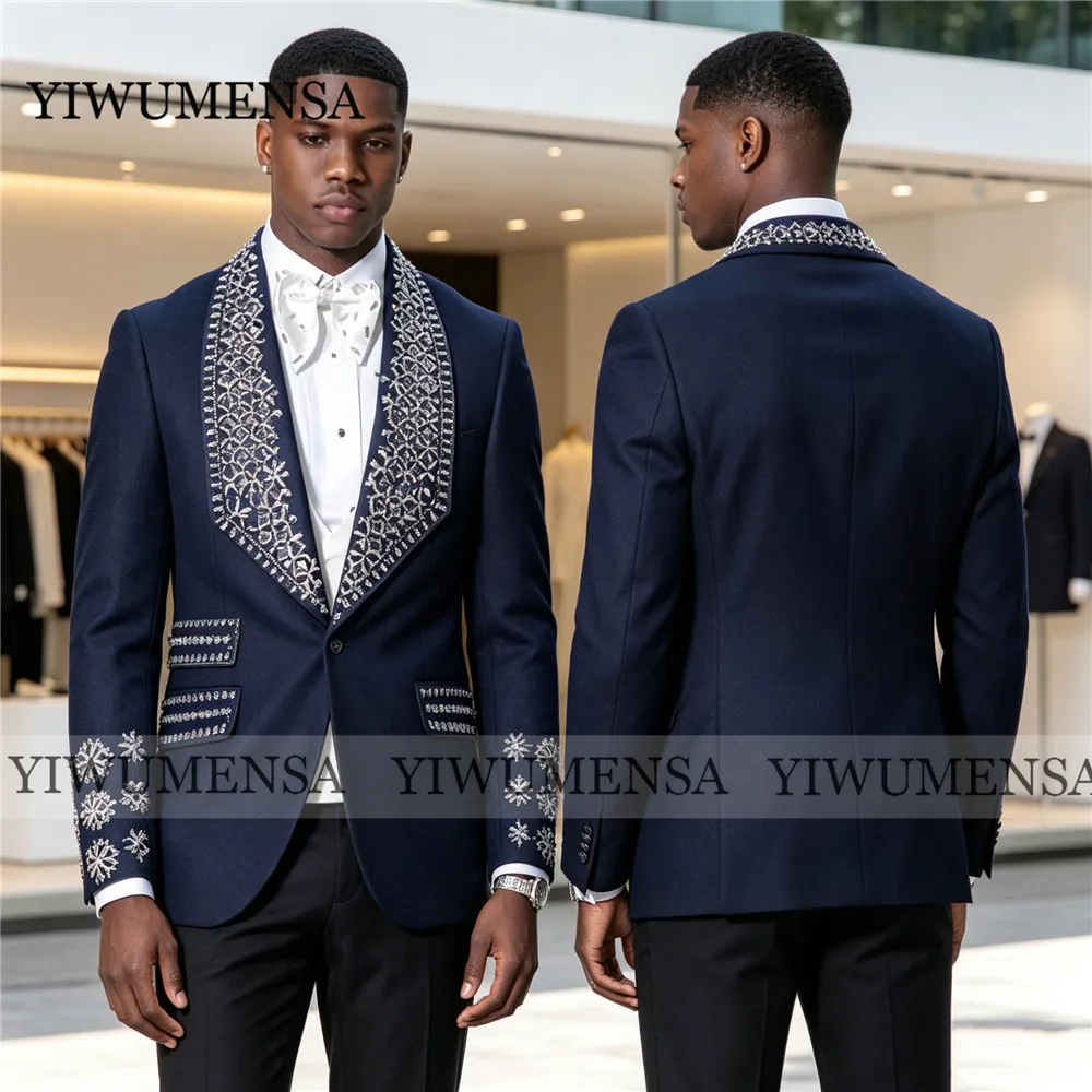 

Роскошные костюмы для мужчин с бисерной отделкой и камнями, уникальный дизайн, пиджак и брюки, комплект из 2 предметов, для свадьбы, деловых встреч, вечерних мероприятий, смокинг для жениха.