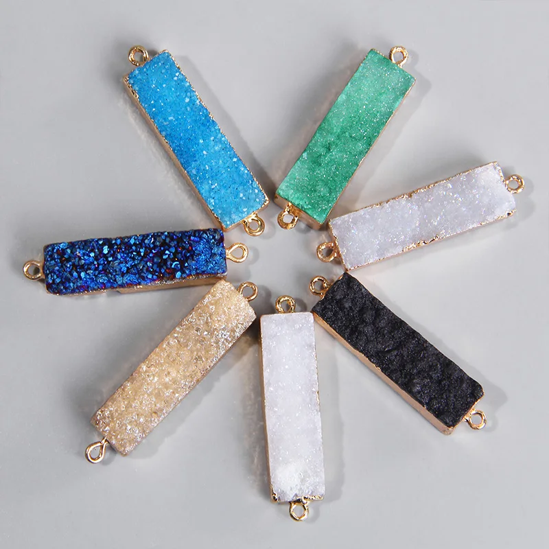 1pc Natural Quartz Druzy Stone Connector Pendant Diy Making Earrings Bracelet Necklace Charm 2 Hole Jewelry Findings Accessories