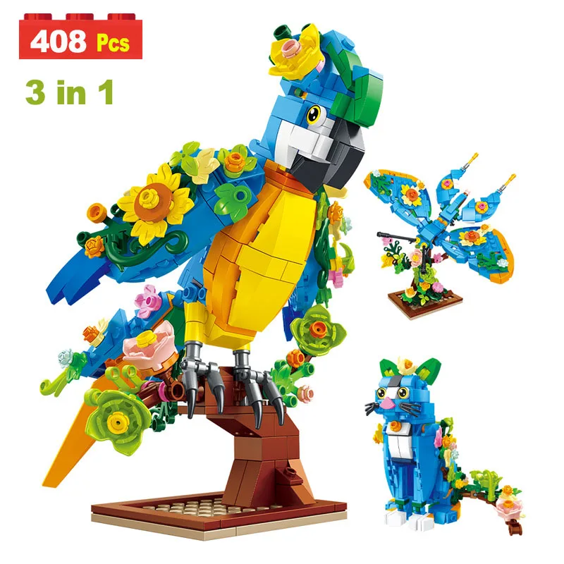 3 IN 1 Jungle-serie bouwblokken speelgoedsets Papegaai Vlinder Kat Model 3 transformeerbare dieren bouwstenen ornamenten speelgoed DIY cadeaus