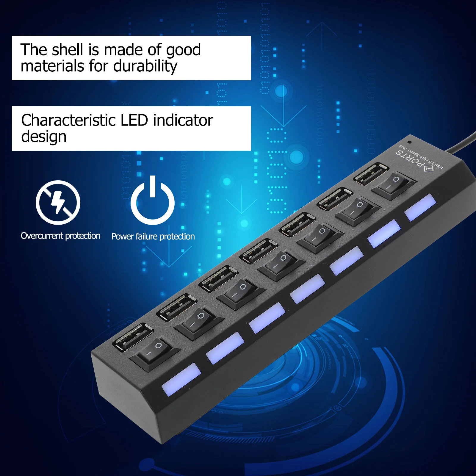 7-Port USB Hub Multiple USB Port Splitter Adapter for Laptop Computer Independent Ports Practical Power Saving Safe