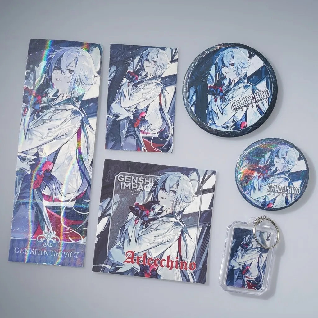 Arlecchino 6 Piece Set Anime Merchandise Holographic Ticket Card Photocard Badges Keychain Collectors Item White Hair