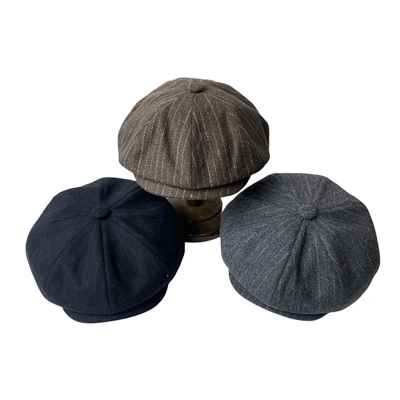 Stripe Newsboy Caps Retro Octagonal Hat Fashion Flat Cap Black Gray Mens Hats Berets Woolen Hats Casual Newsboy Cap BTM07