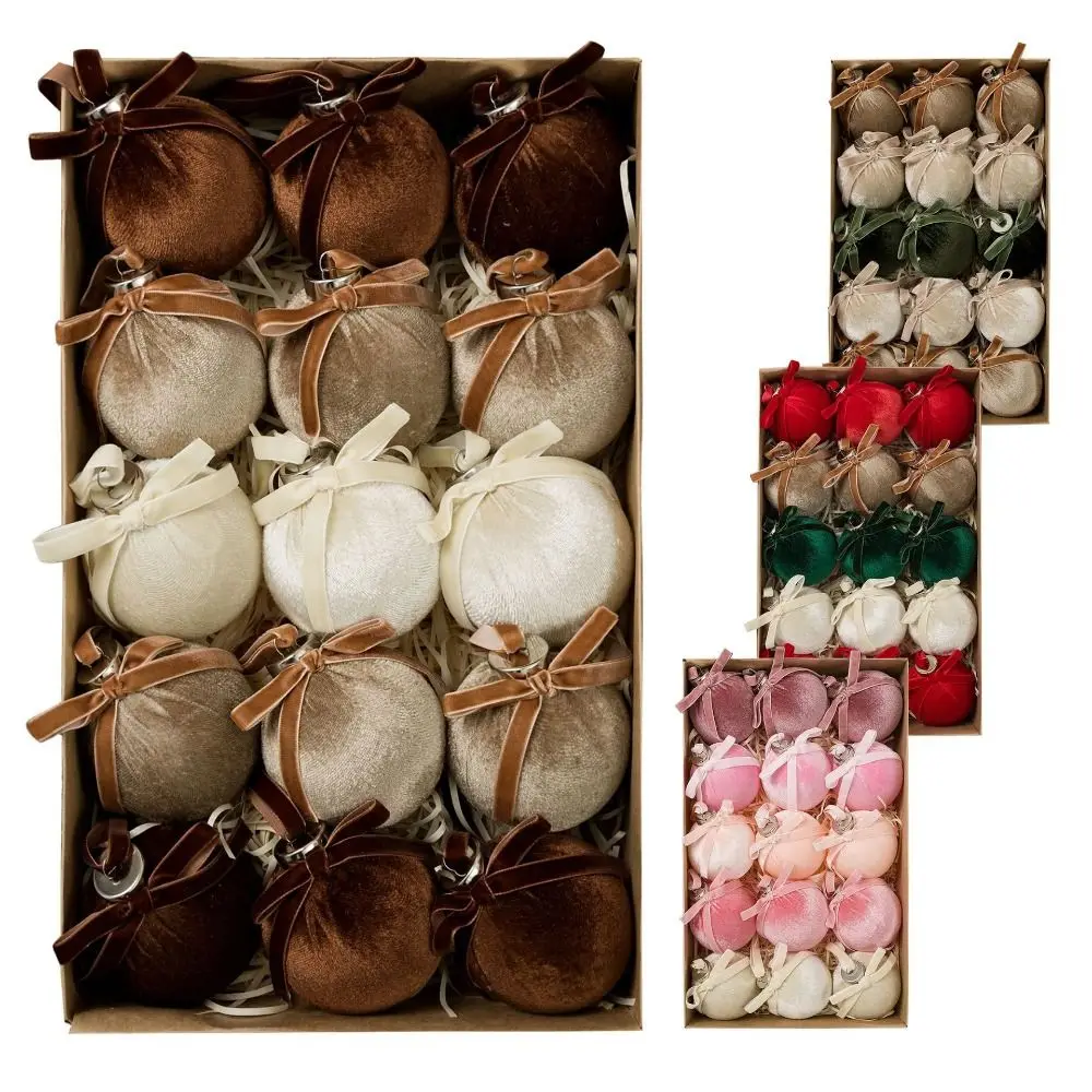 15pcs Velvet Christmas Ornaments Christmas Ball Ornaments Velvet Soft Texture Hanging Ball Decorations Ribbon Bow