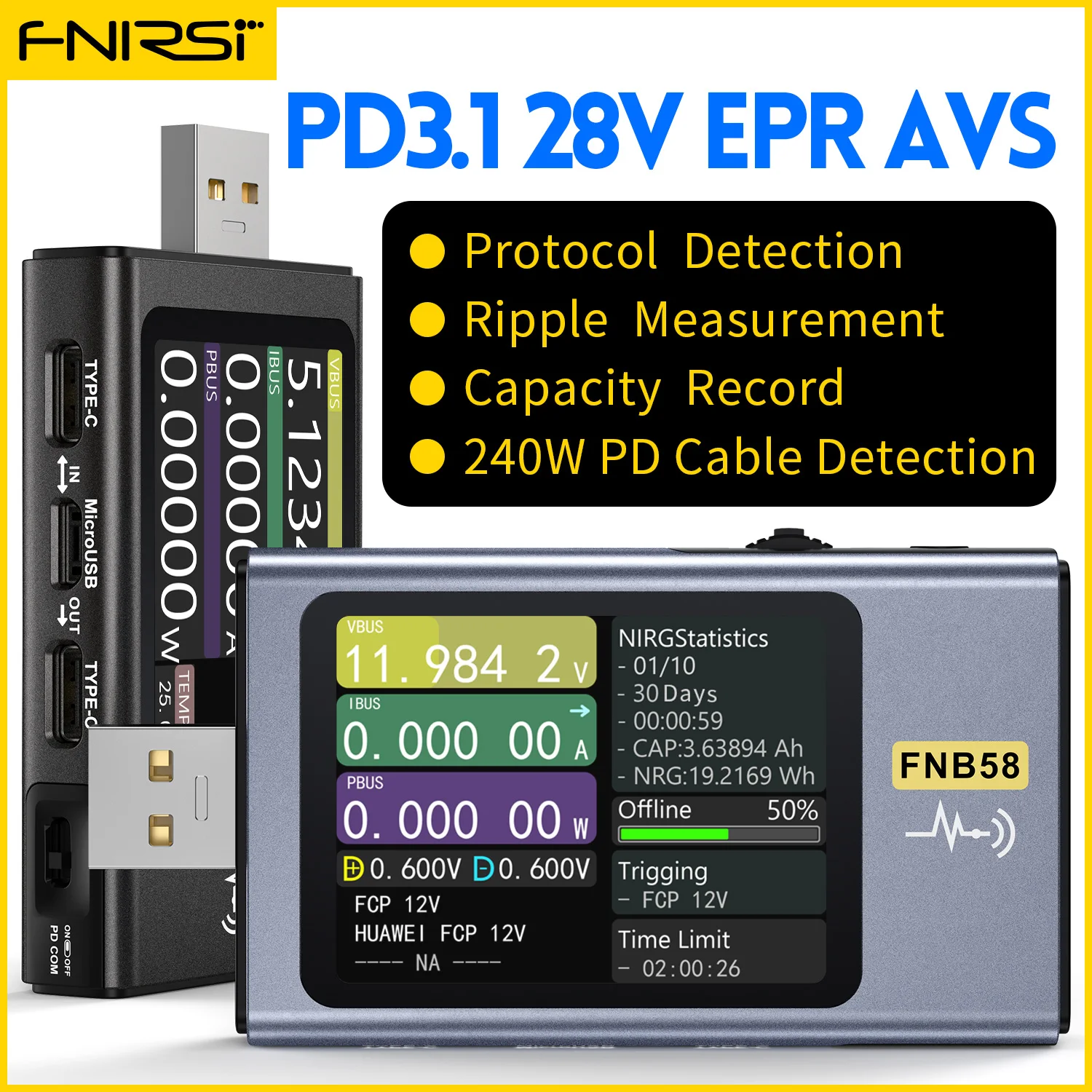 FNB58 USB Tester Voltmeter Ammeter TYPE-C Fast Charge Detection Trigger Capacity Measurement Ripple Measurement