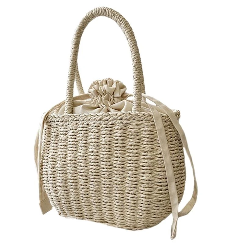 

Women Summer Woven Straw Beach Bag Vintage Drawstring Closure Handbag Solid Color Bohemian Top Handle Basket Purse