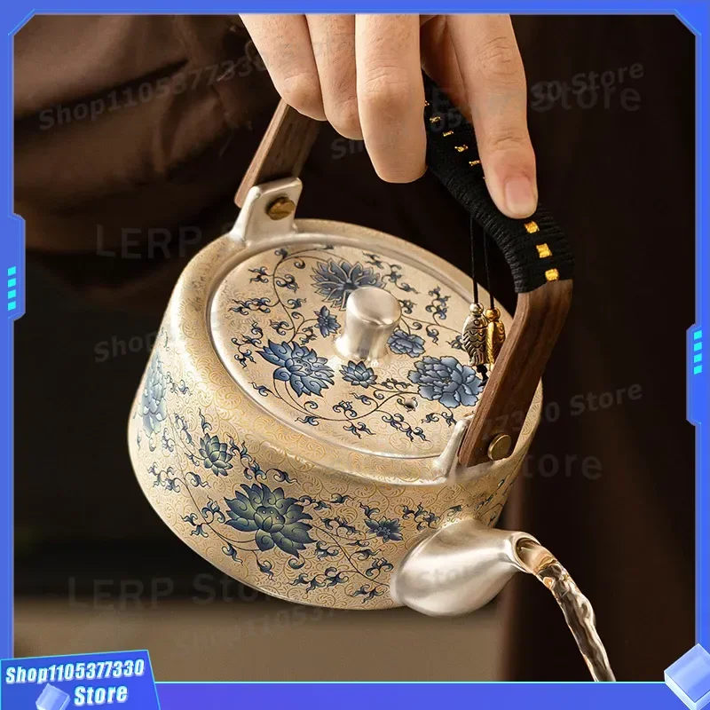 Blue and White Lotus Pattern Silver Trim Ceramic Kung Fu Tea Set High End Light Luxury One Pot Two Cups Housewarming Gift for