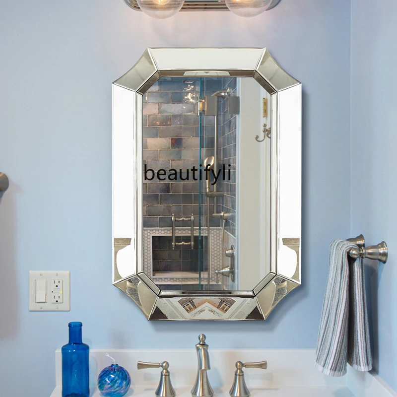 

European square bathroom mirror on the wall, bathroom sink basin, wall hanging makeup mirror