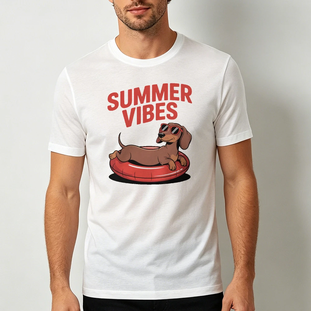 Summer Vibes Dachshund Swim Ring Sunglasses Men T Shirt Beach Vacation Dog Lover Cartoon Holiday Travel Top