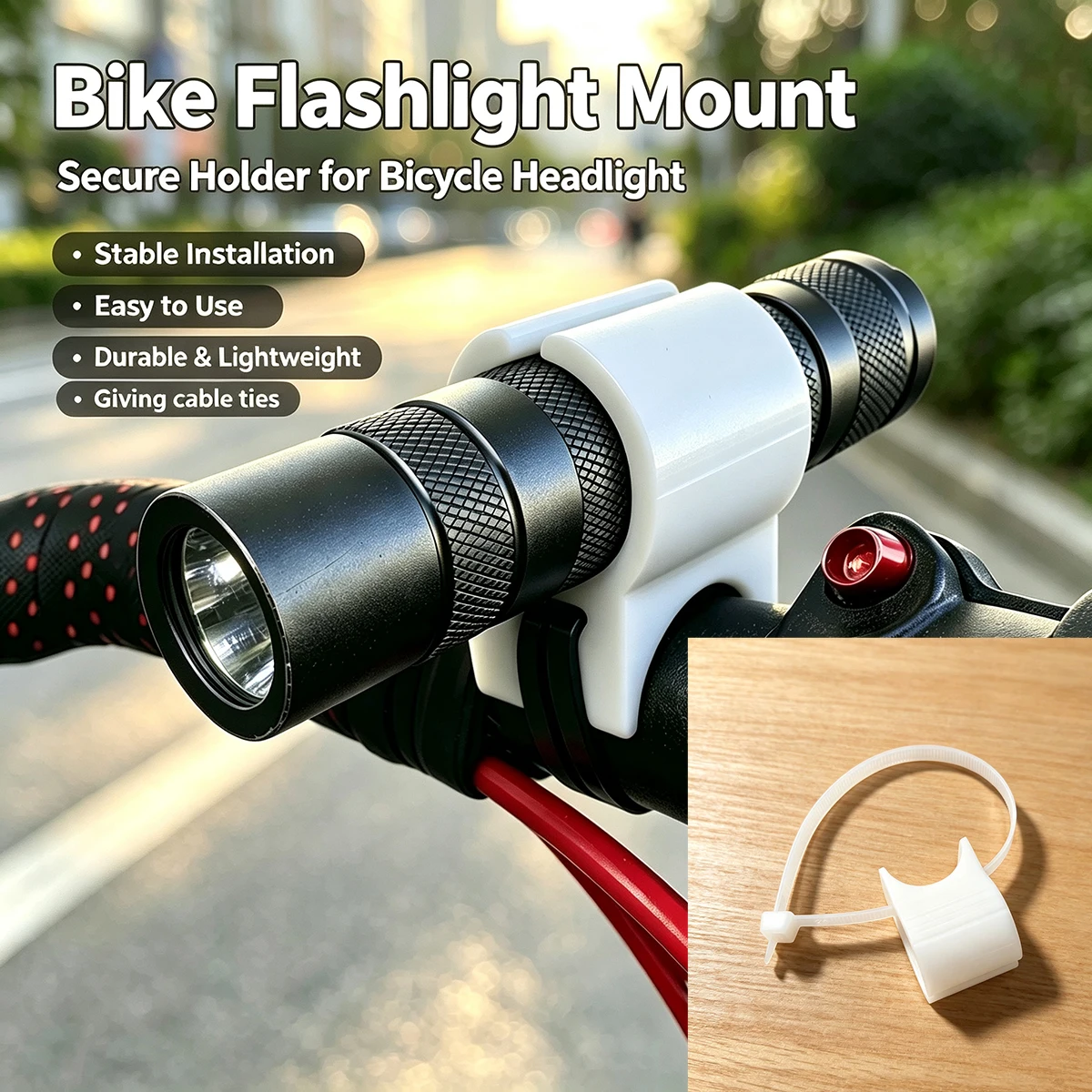White Bicycle Flashlight Holder, Universal Handlebar Flashlight Clip, Includes a Cable Tie for Secure Installation, Simple Light Support Bracket Accessory for Outdoor Cycling