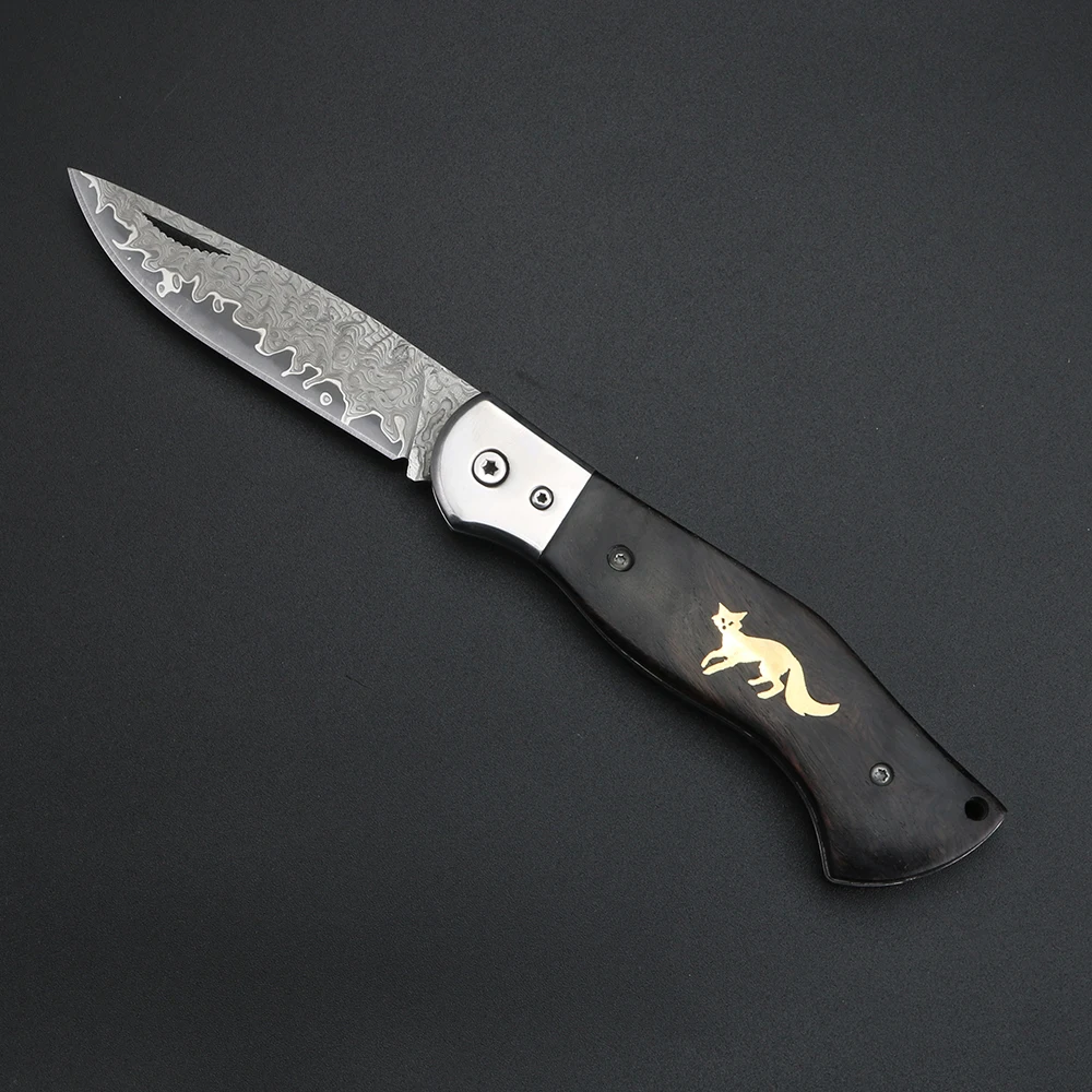 Cuchillo plegable con mango de sándalo Fox, cuchillo de Damasco de alta dureza para exteriores, cuchillo de caza para acampar
