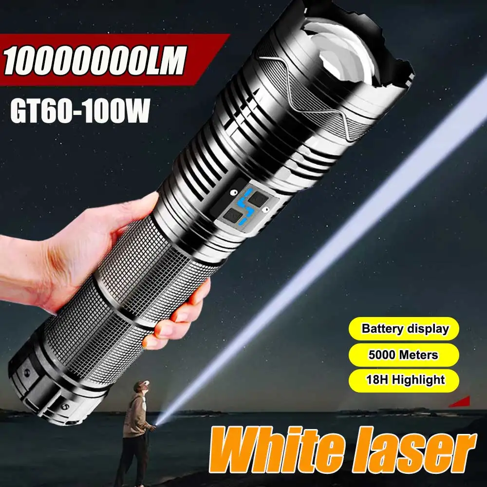 50000W Shot Long 10000M LED Flashlight USB Rechargeable Zoomable lamp Torch With battery 32000Mah Emergency lantern Outdoor