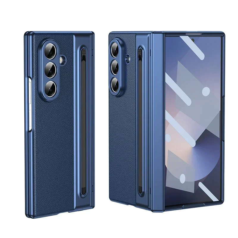 Image of Leder-Handyhülle für Samsung Galaxy Z Fold 8 7 6 5 4 Ultra mit S Pen Touch Pen und integriertem Displayschutz-Scharnier.