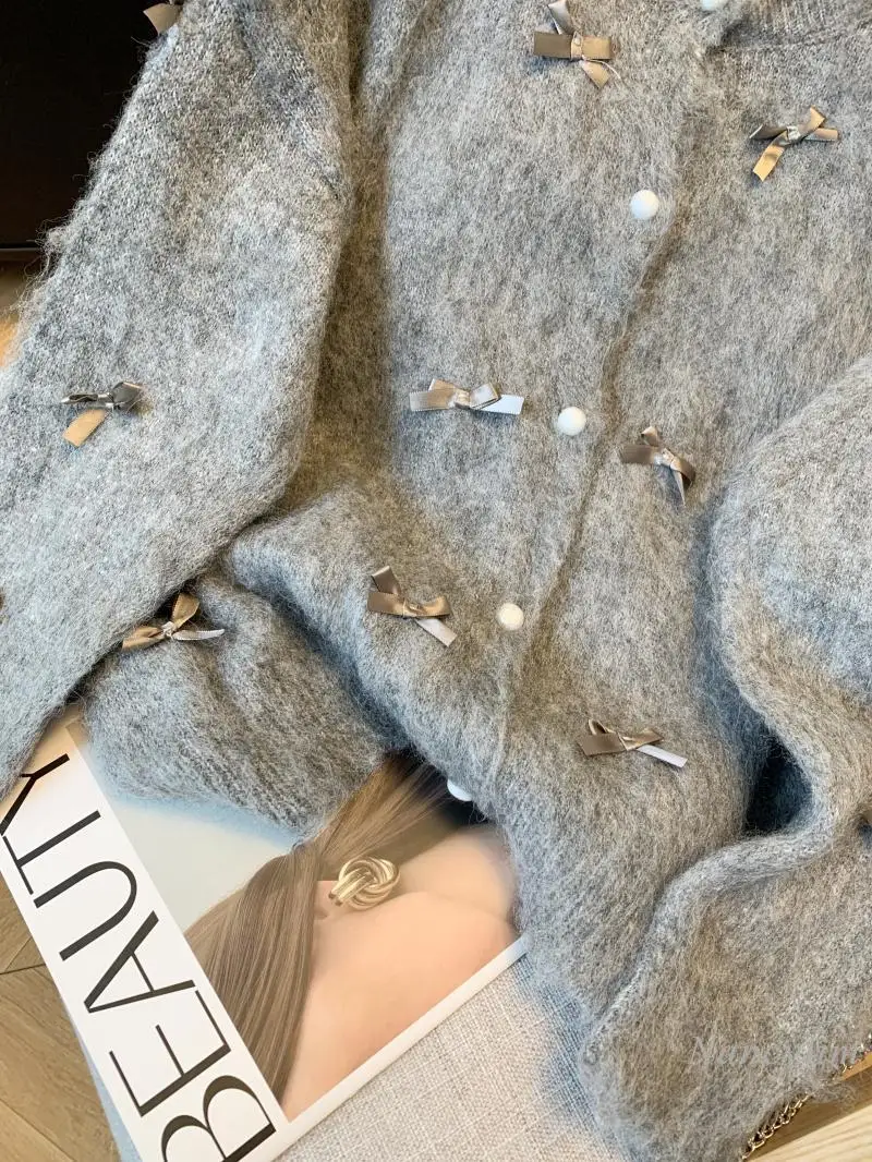 Gray Three-dimensional Bow Knitted Cardigan Women's Autumn New Loose Soft Sweater Coat Ladies Elegant Grey Top 2024