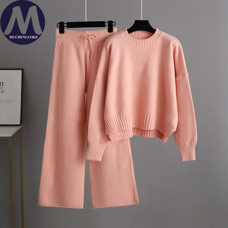 Conjunto de duas peças feminino outono inverno novo casual o pescoço manter quente camisola de malha moda solta engrossar calças de perna larga conjuntos