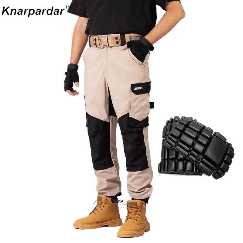 Men's Khaki Work Pants With Knee Pads Outdoor Training Mechanic Multifunctional Work Trousers Workwear Pants Utility Cargo Pants