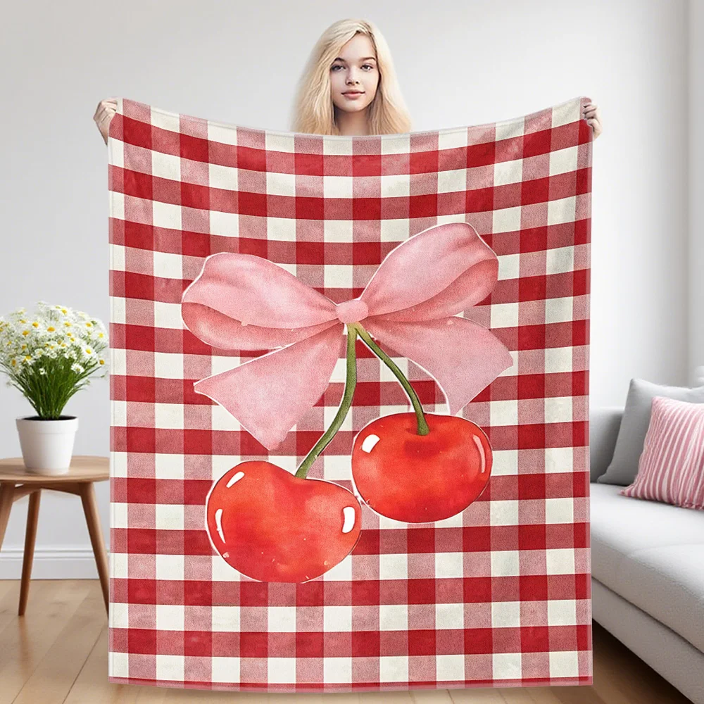 Gingham Cherry Bow Winter And Summer Dual-Use Comfortable Flannel Blanket, Soft And Sticky Sofa Cover Blanket, Exquisite Gift