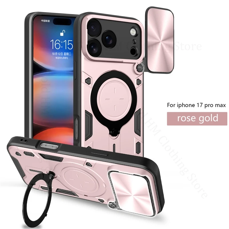 

Alloy Magnetic Kickstand Armor Hybird Case For iPhone 17 Pro Max Slide Lens Protector Cover For Apple 17 Air 16e 15 ProMax 14 13
