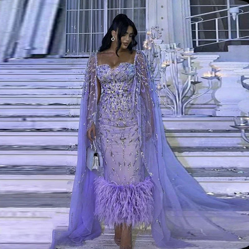 

Вечерние платья в стиле накидки с аппликациями и блестками, вечернее платье с перьями, женский халат, блестящие платья для выпускного вечера лаванды