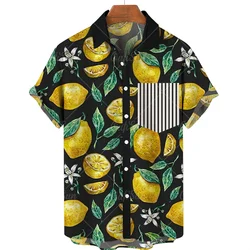 Lemon Pattern Hawaiian Shirt Man 3D Print Tropical Fresh Fruit Short Sleeve Lapel Button Blouse Streetwear Oversize Aloha Shirts