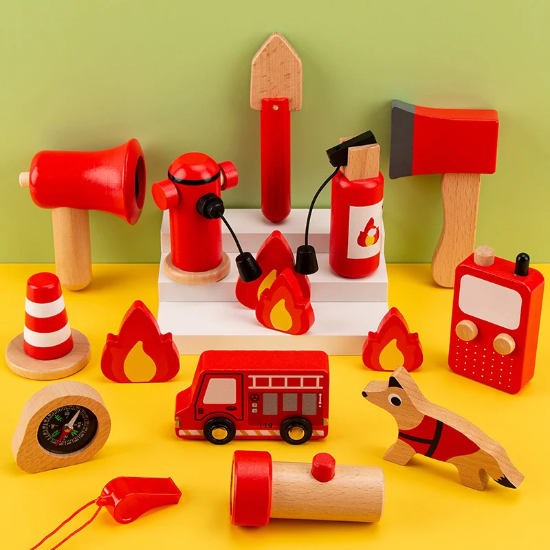 Ensemble de jouets de simulation de pompier en bois pour enfants, outils d'extinction d'incendie, équipement de camion de pompiers