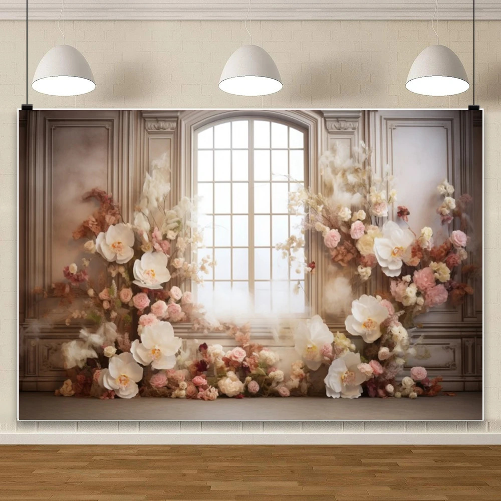 Dreamy Pink Girl Boudoir Photography Backdrop  Golden Frame Retro Wall Background Flowers Decor Palace Kids Cake Smash Studio