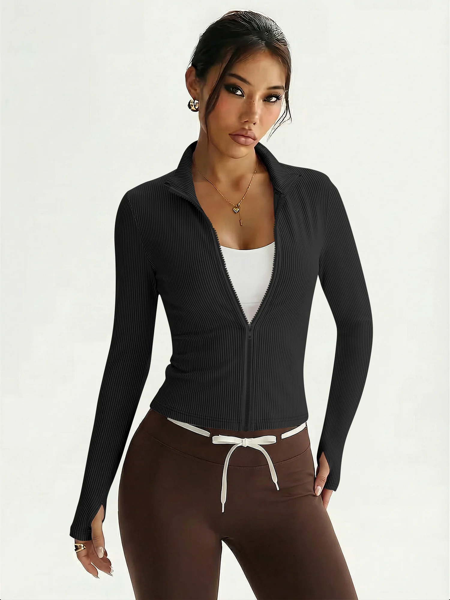 Versatile Full-Zip Rib Knit Jacket, Form-Fitting High Neck Top for Work-to-Weekend Smart Casual Wear
