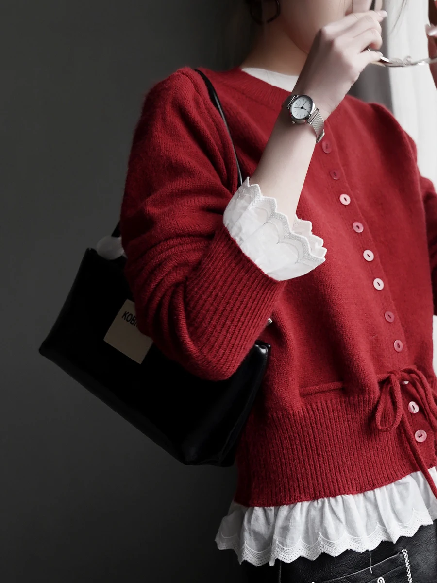 

Warmo2026 Autumn Winter Women's Knitted Lace Splicing Slimming ort Cardigan Sweater Dstring Waist High Waist Soft Acrylic