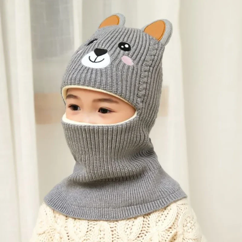 Gorro de punto para niño y niña de 2 a 10 años, gorros con orejeras, protección para el cuello, Animal de dibujos animados, a prueba de viento,