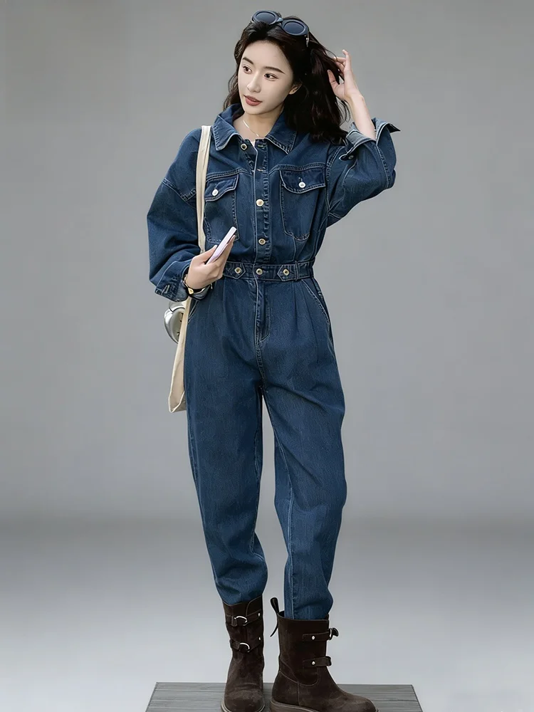

High Waist Slimming Denim Overalls Women's Spring New Sle Commute Workwear Pantsuit Cotton Long Pants One-Piece Suit