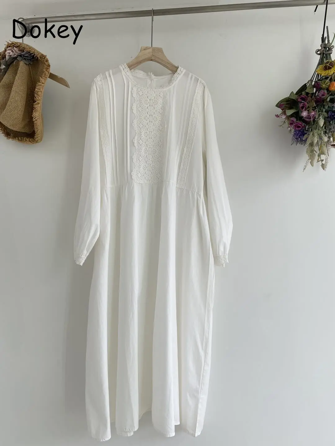 Vintage Mori Girl Cotton Linen White Dress Women Spring Autumn Japanese O-neck Lace-up Long Sleeve Loose Dress Casual Vestidos