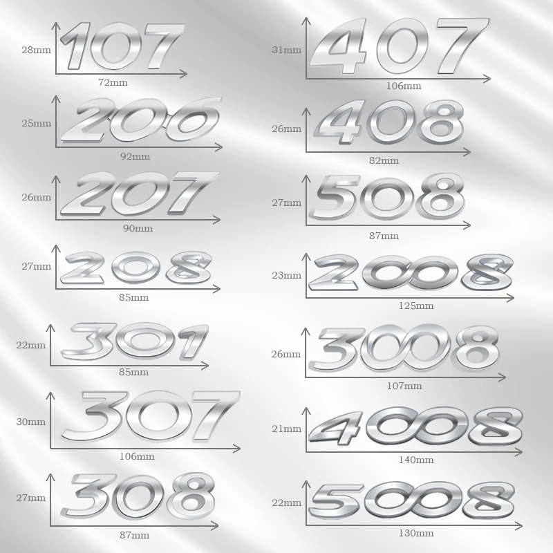 3D araba modeli rozeti tasarım arka gövde vücut mektuplar amblem için 2008 3008 107 206 207 208 301 308 407 508 krom gümüş aksesuar