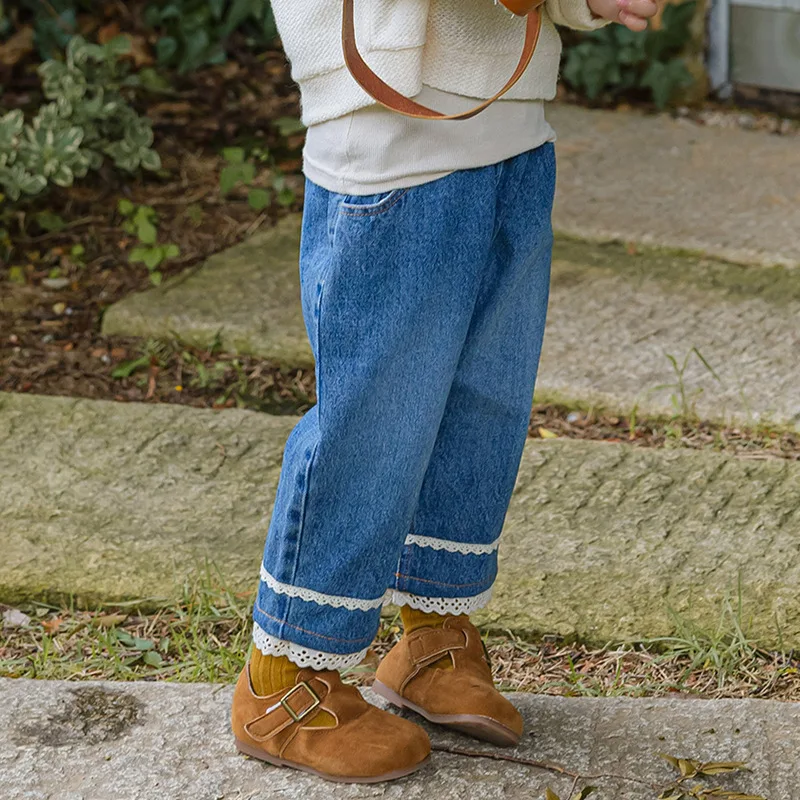 

Children's Girls' Lace Pants with Foldable Hemp Washable Straight Leg Jeans 2025 Autumn Strawberry Shan Korean