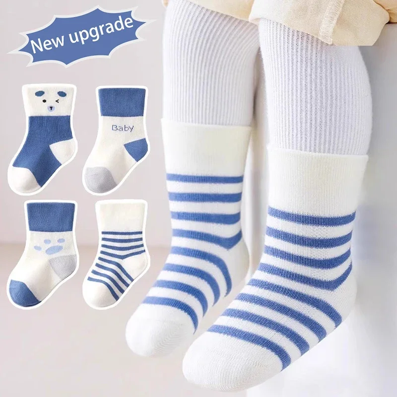 4Pairs Toddlers Cotton Socks Spring Autumn Newborn Sock Blue Bear Cute Solid Color Striped Baby Sport Socks Fashion 0-5Years