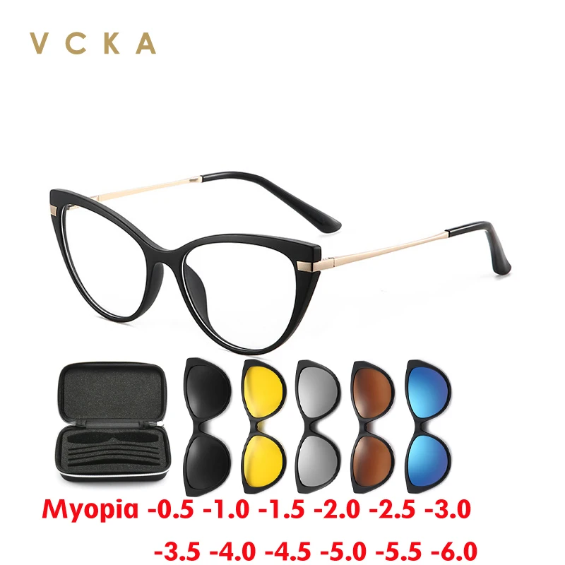 VCKA Cat Eye 6 in 1 Myopia Sunglasses 2024 New Women Polarized Magnetic Clip Glasses Prescription Custom Eyewear -0.5~-10