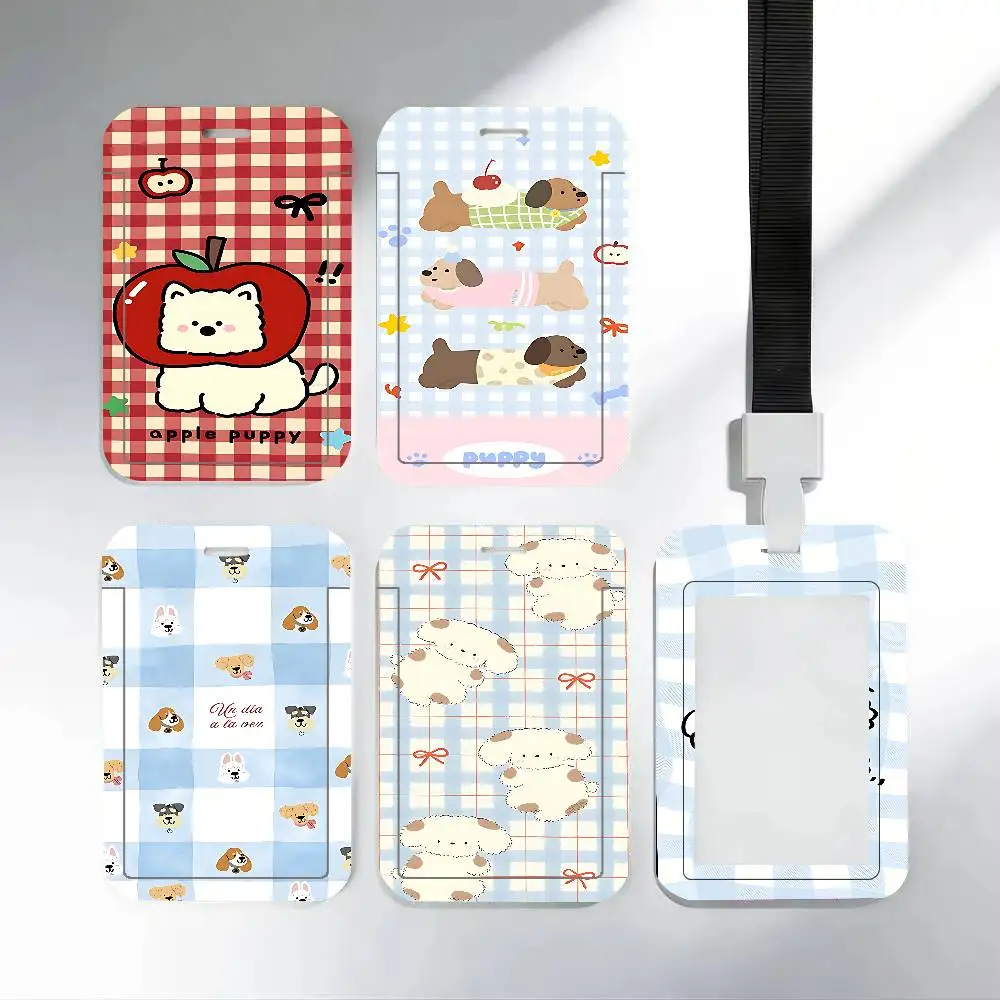 Korean Plaid Cute Puppy ID Badge Holder Neck Strap Pendant Door Card Holders Lanyards Credential Holder, Durable PVC Material