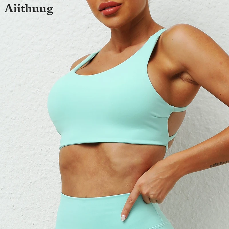 

Aiithuug Crisscross Strappy Back Yoga Bras With Built in Padded Women's Athletic Gym Workout Pilates Longline Brassiere Tank Top